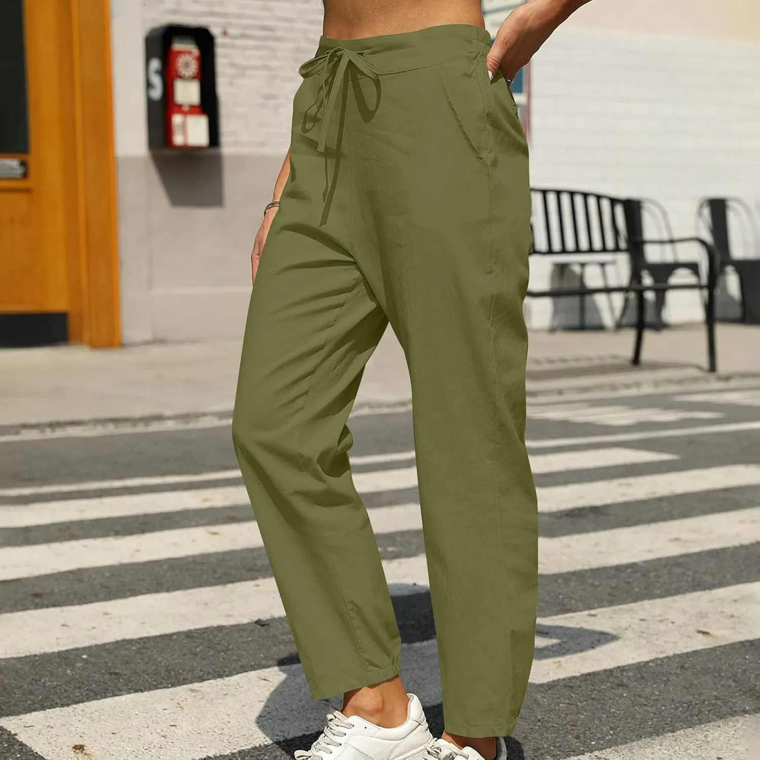 Linen Pants Women Summer Dressy Straight Wide Leg High Waisted Pants Casual Loose Plus Size Baggy Pants Trousers