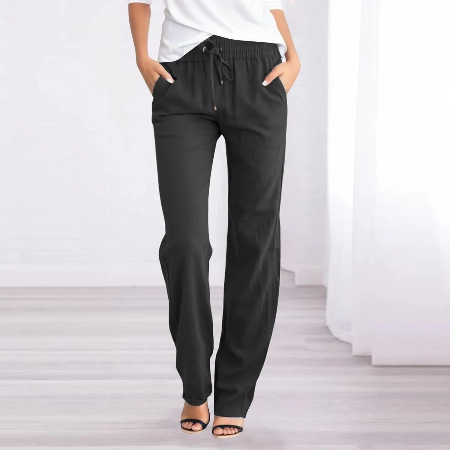 Linen Pants Women Summer Wide Leg Straight Dress Cotton Linen Pants Elastic Waist Palazzo Pants Trousers with Pockets