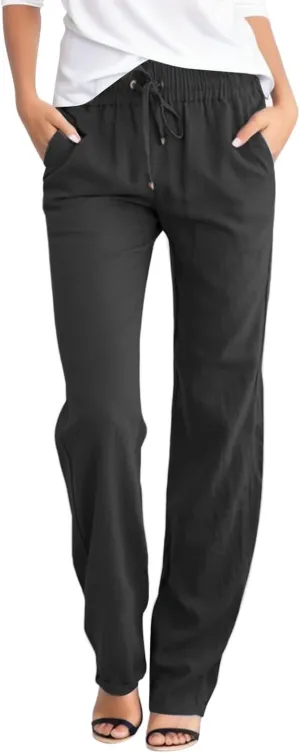 Linen Pants Women Summer Wide Leg Straight Dress Cotton Linen Pants Elastic Waist Palazzo Pants Trousers with Pockets