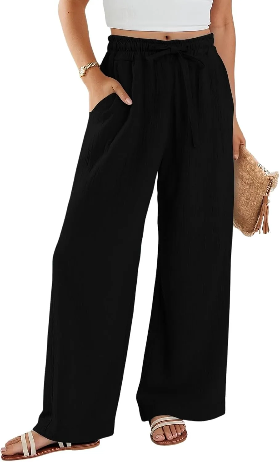 Linen Wide Leg Pants for Women Casual Elastic Waist Loose Fit Flowy Palazzo Pants Comfy Summer Beach Pant with Pockets