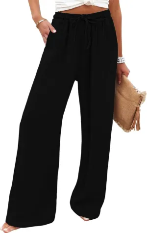 Linen Wide Leg Pants for Women Casual Elastic Waist Loose Fit Flowy Palazzo Pants Comfy Summer Beach Pant with Pockets
