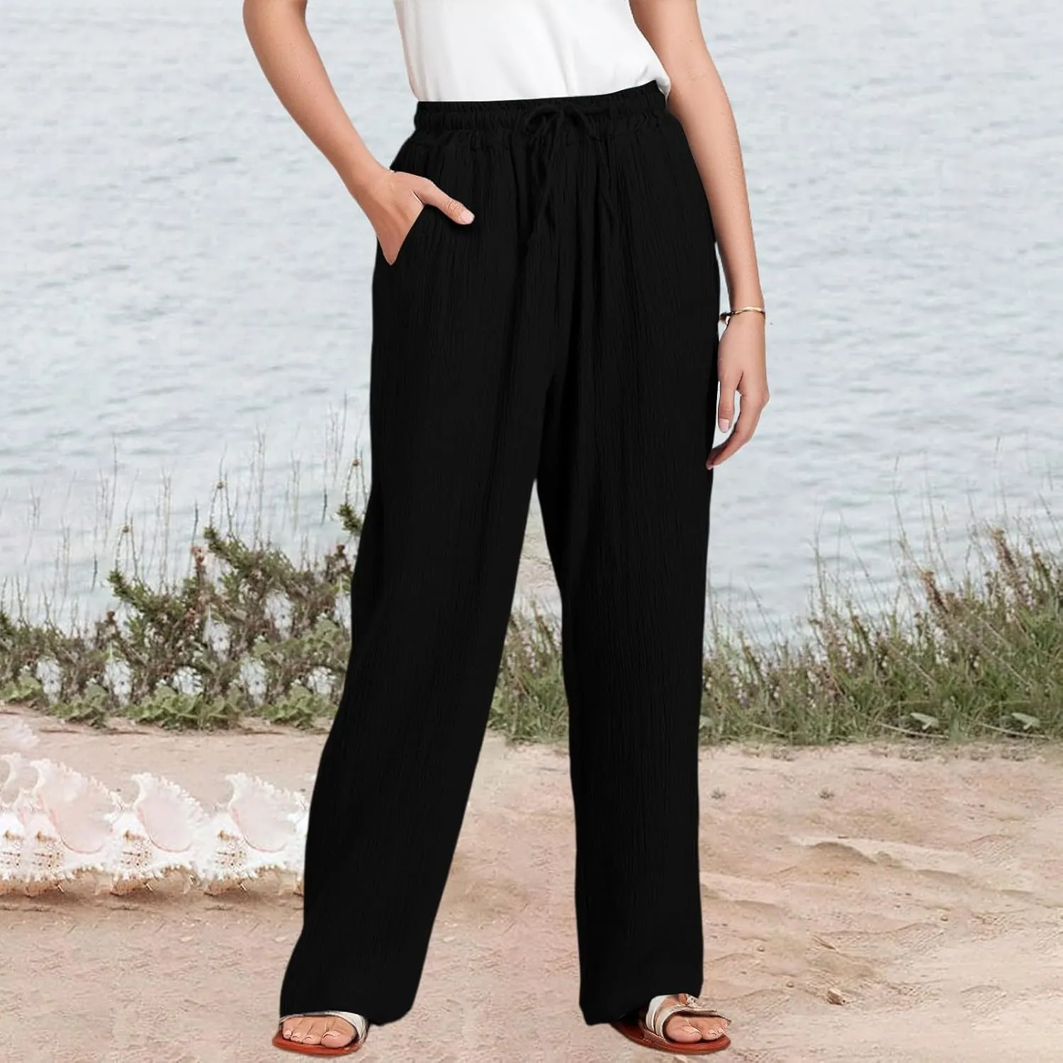 Linen Wide Leg Pants for Women Casual Elastic Waist Loose Fit Flowy Palazzo Pants Comfy Summer Beach Pant with Pockets