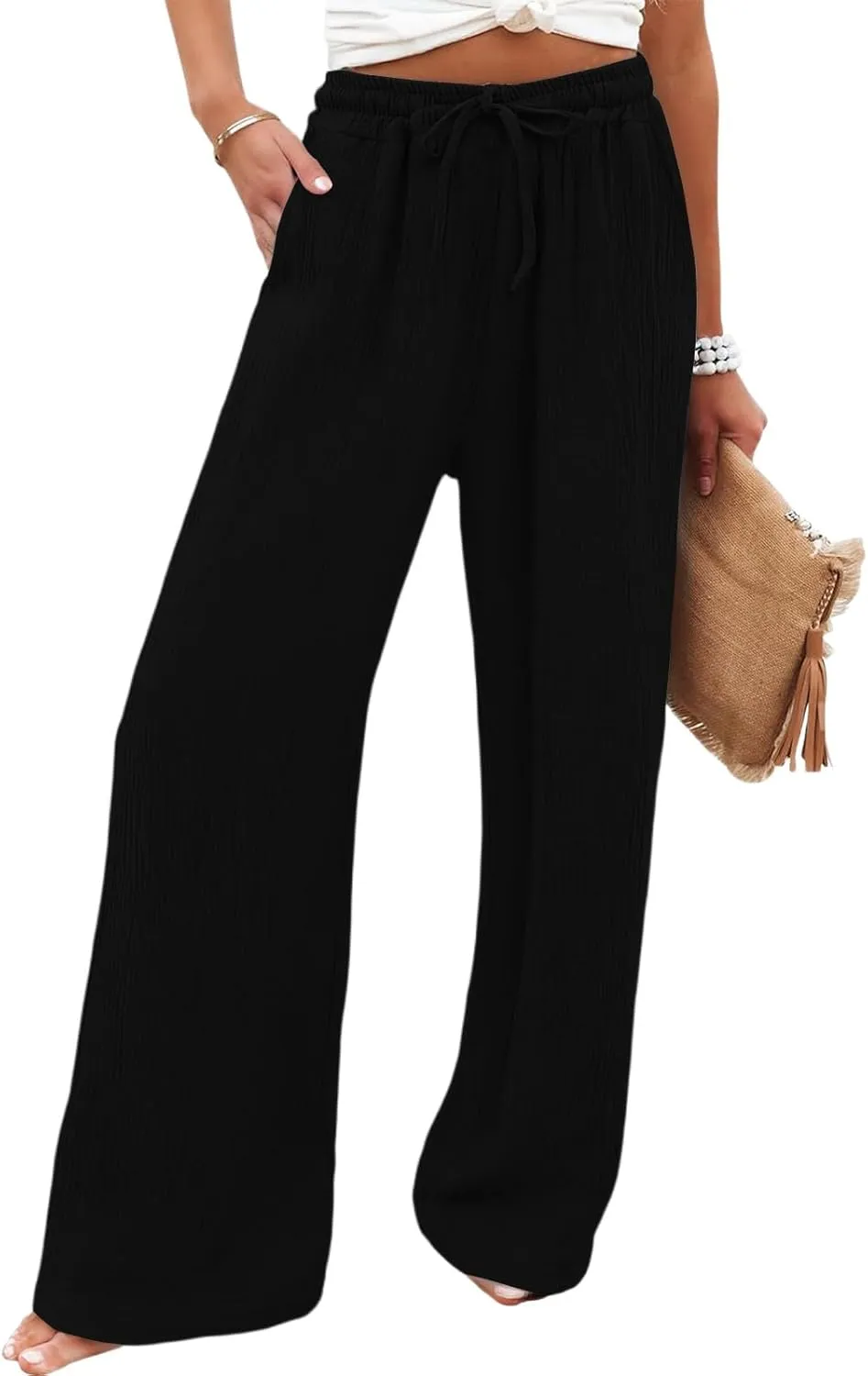 Linen Wide Leg Pants for Women Casual Elastic Waist Loose Fit Flowy Palazzo Pants Comfy Summer Beach Pant with Pockets