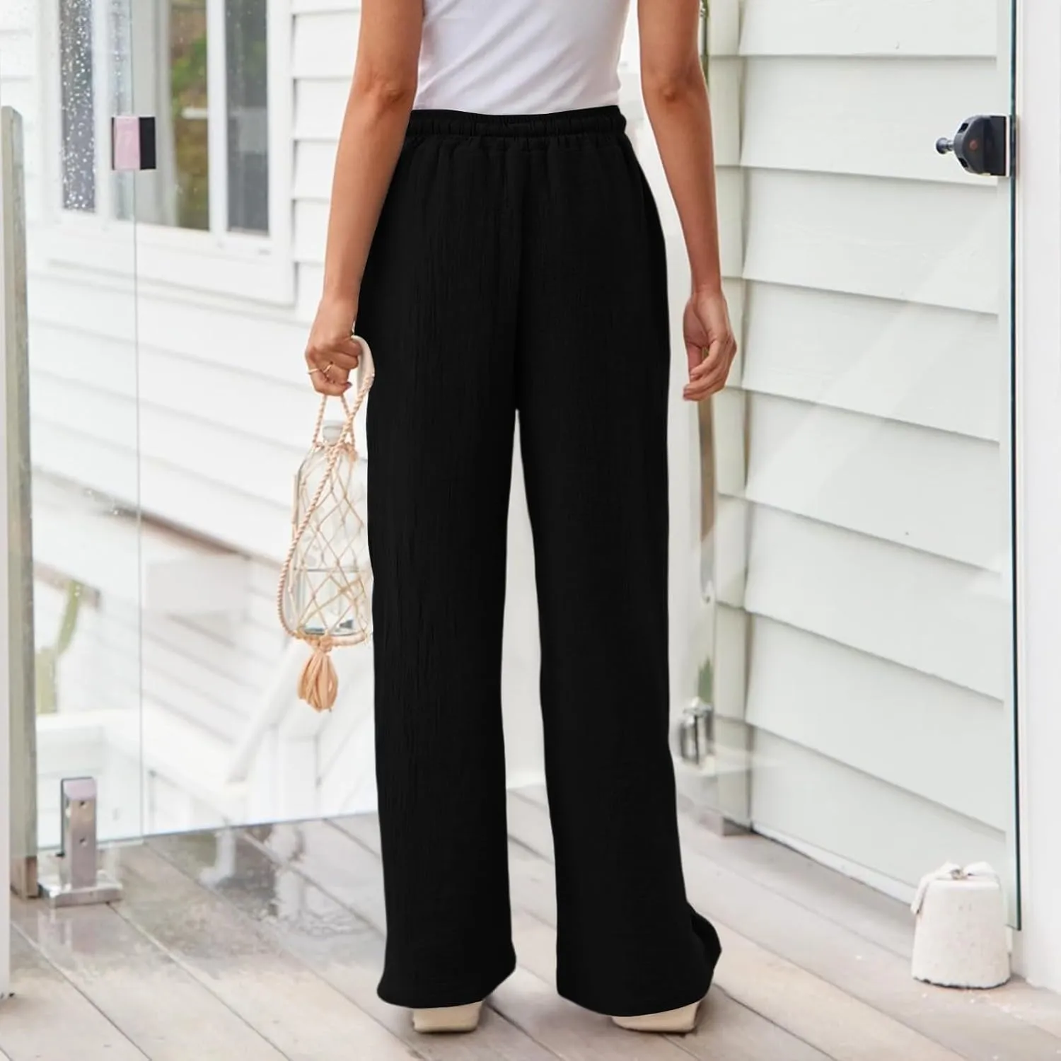 Linen Wide Leg Pants for Women Casual Elastic Waist Loose Fit Flowy Palazzo Pants Comfy Summer Beach Pant with Pockets