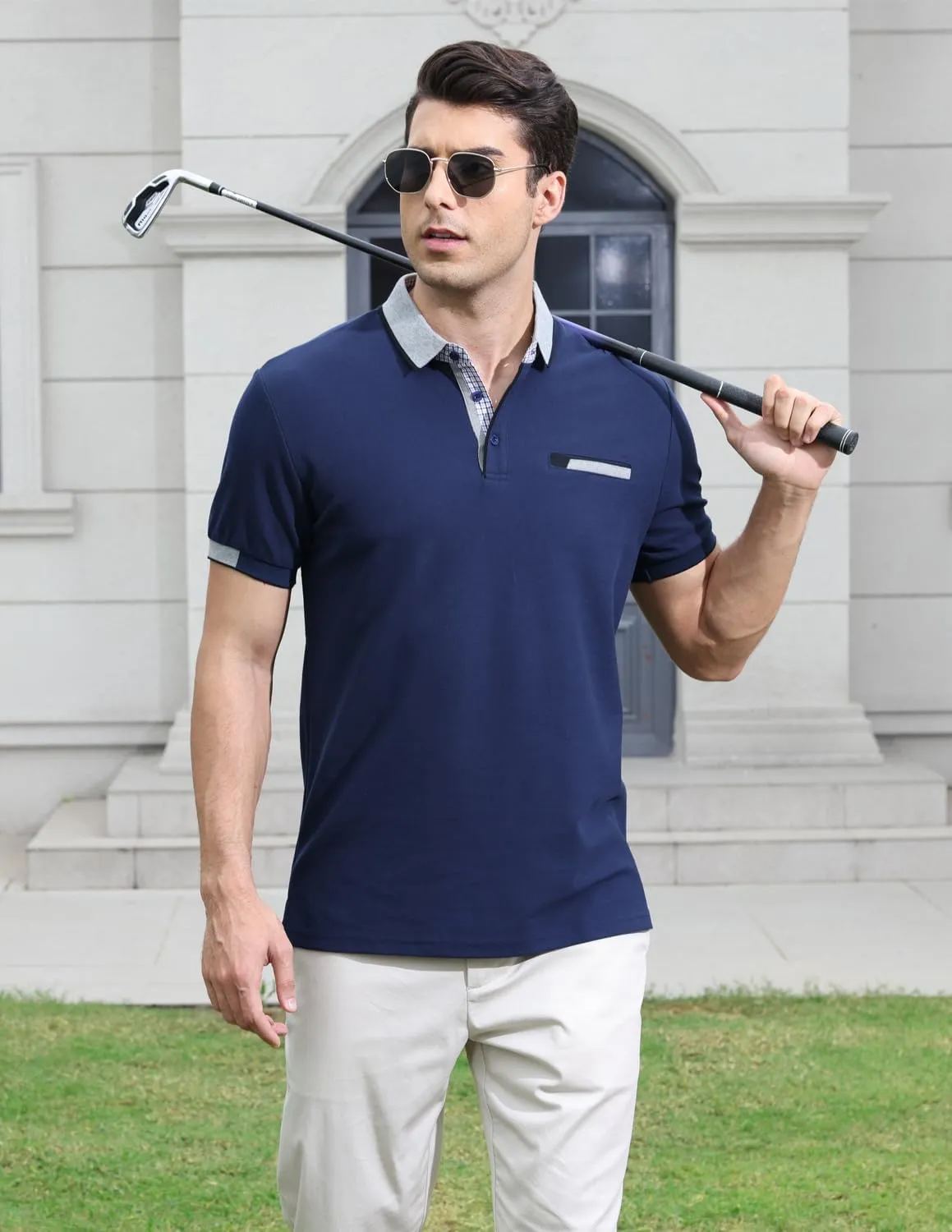 LIUPMWE Polo Shirts for Men with Pocket Elegante Plaided Short Sleeve Cotton T Shirts Golf Shirt