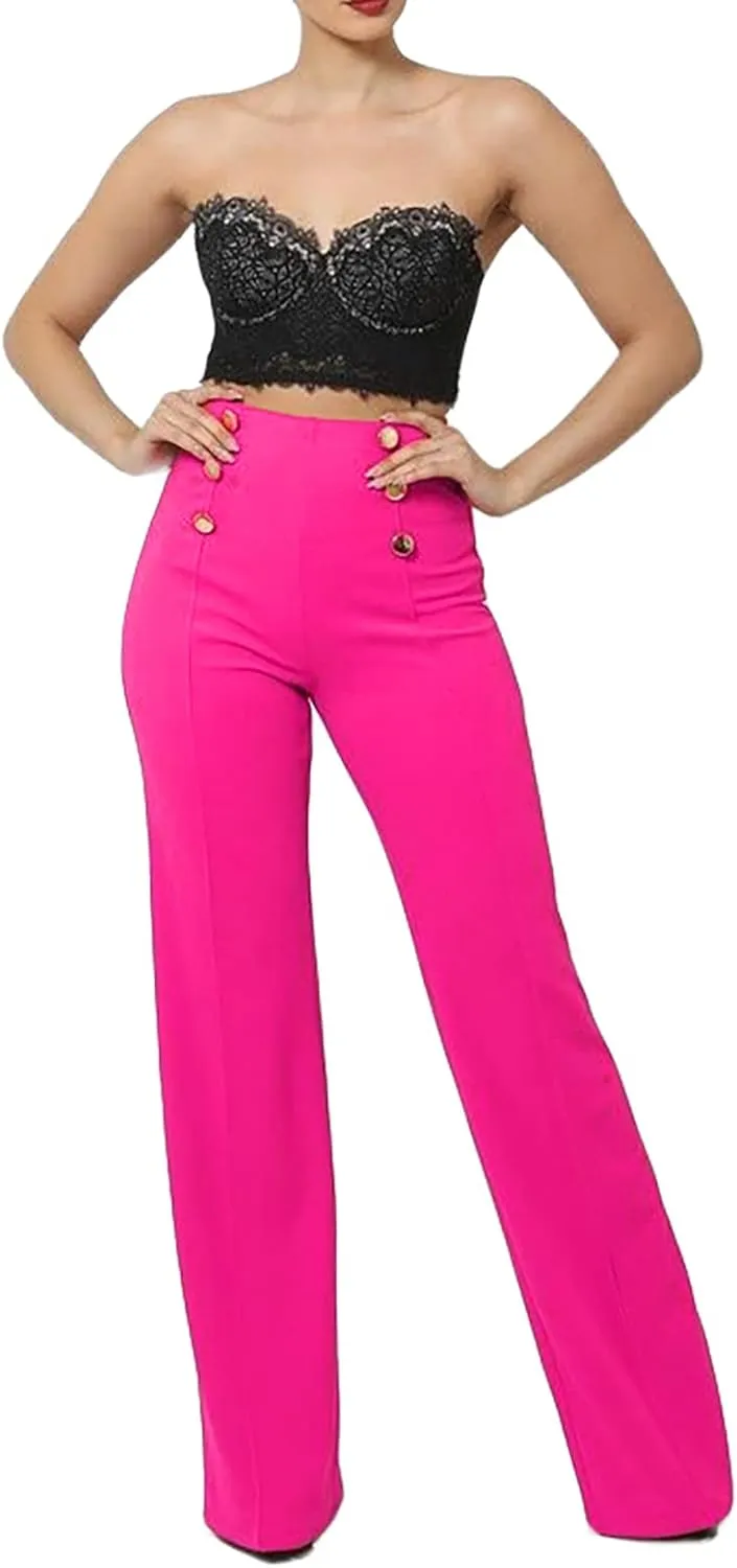 LKOUS Women's Stretchy High Waisted Wide Leg Button-Down Pants Work Dress Pant