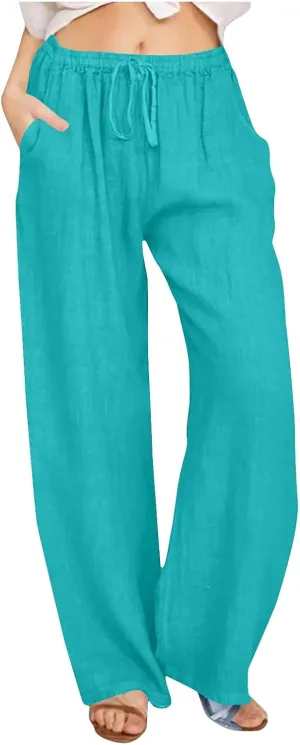 Lmdudan Women Cotton Linen Pants 2025 Summer Wide Leg Pants Casual Drawstring High Waist Palazzo Pants Trousers with Pockets