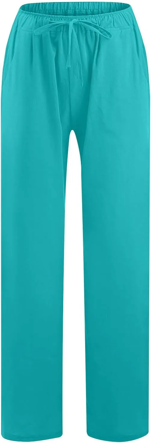 Lmdudan Women Cotton Linen Pants 2025 Summer Wide Leg Pants Casual Drawstring High Waist Palazzo Pants Trousers with Pockets
