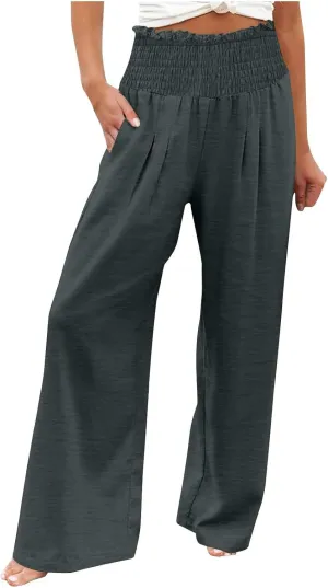 Lmdudan Womens Elastic High Waisted Palazzo Pants Casual Wide Leg Long Lounge Pant 2025 Summer Trousers with Pockets