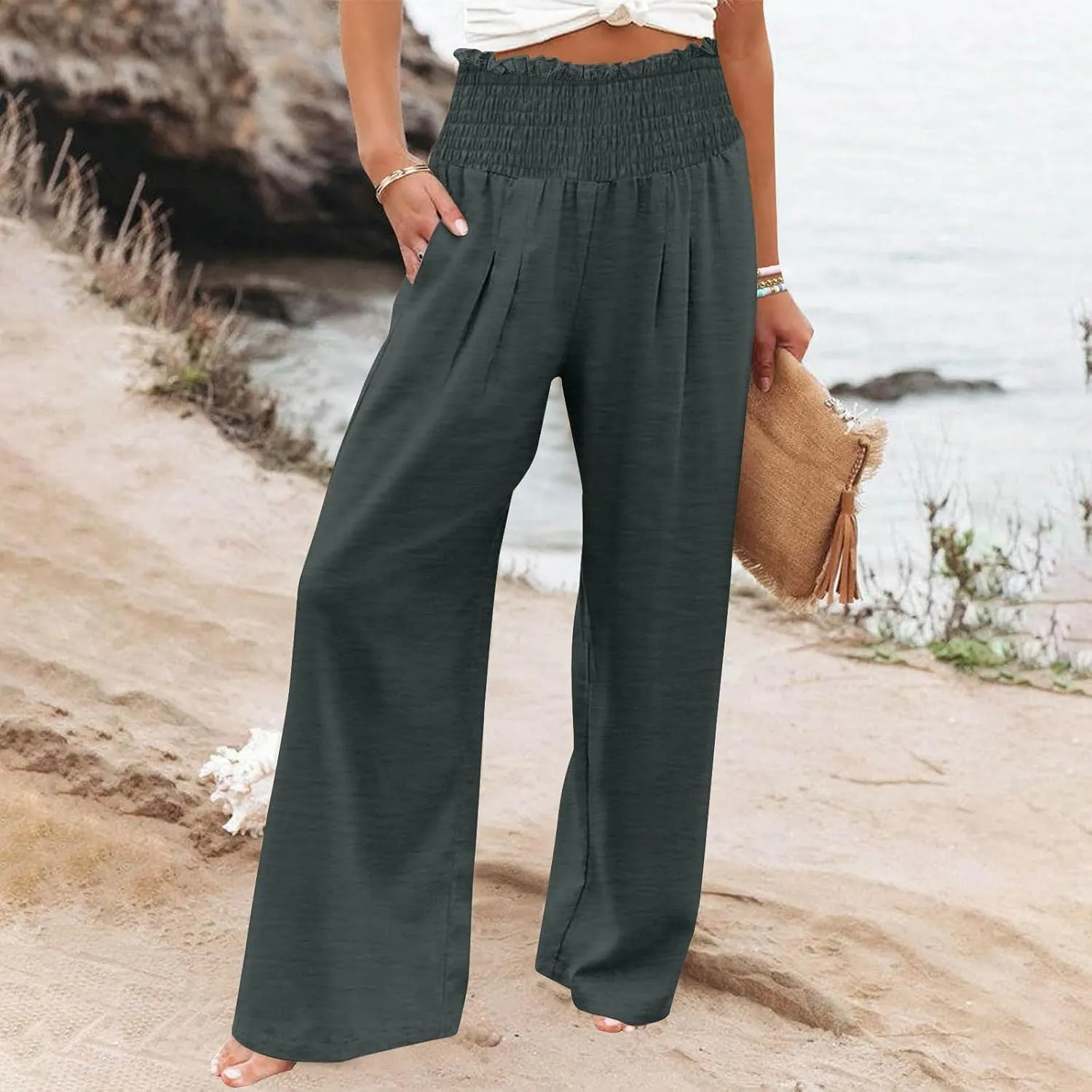 Lmdudan Womens Elastic High Waisted Palazzo Pants Casual Wide Leg Long Lounge Pant 2025 Summer Trousers with Pockets