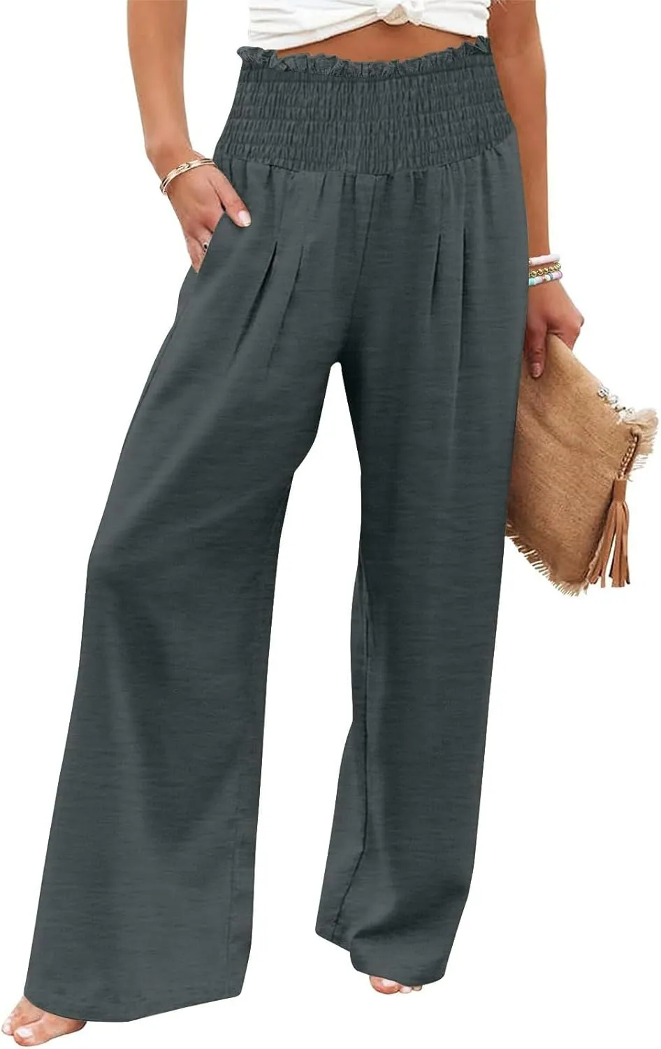 Lmdudan Womens Elastic High Waisted Palazzo Pants Casual Wide Leg Long Lounge Pant 2025 Summer Trousers with Pockets