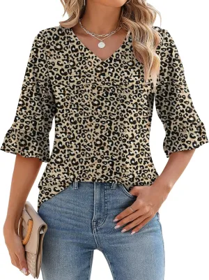 LOMON 3/4 Length Sleeve Womens Tops Summer Loose V-Neck Eyelet T-Shirts Dressy Casual Ruffle Sleeve Tunic Blouses
