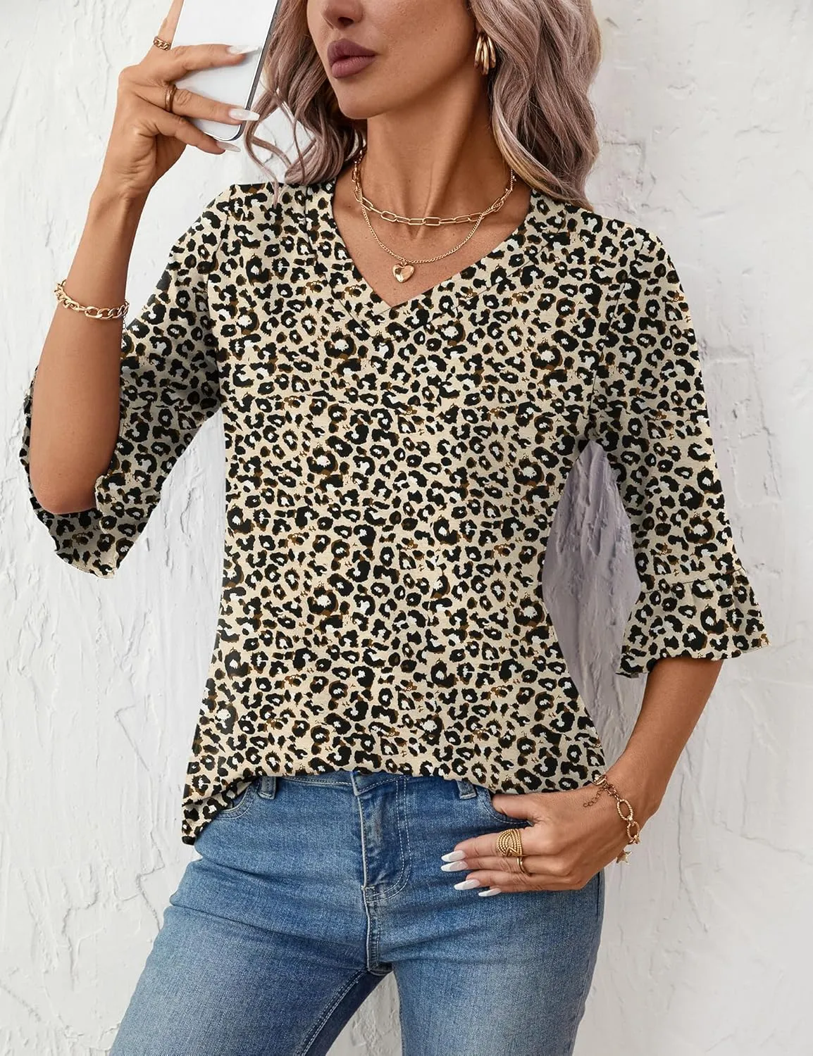 LOMON 3/4 Length Sleeve Womens Tops Summer Loose V-Neck Eyelet T-Shirts Dressy Casual Ruffle Sleeve Tunic Blouses