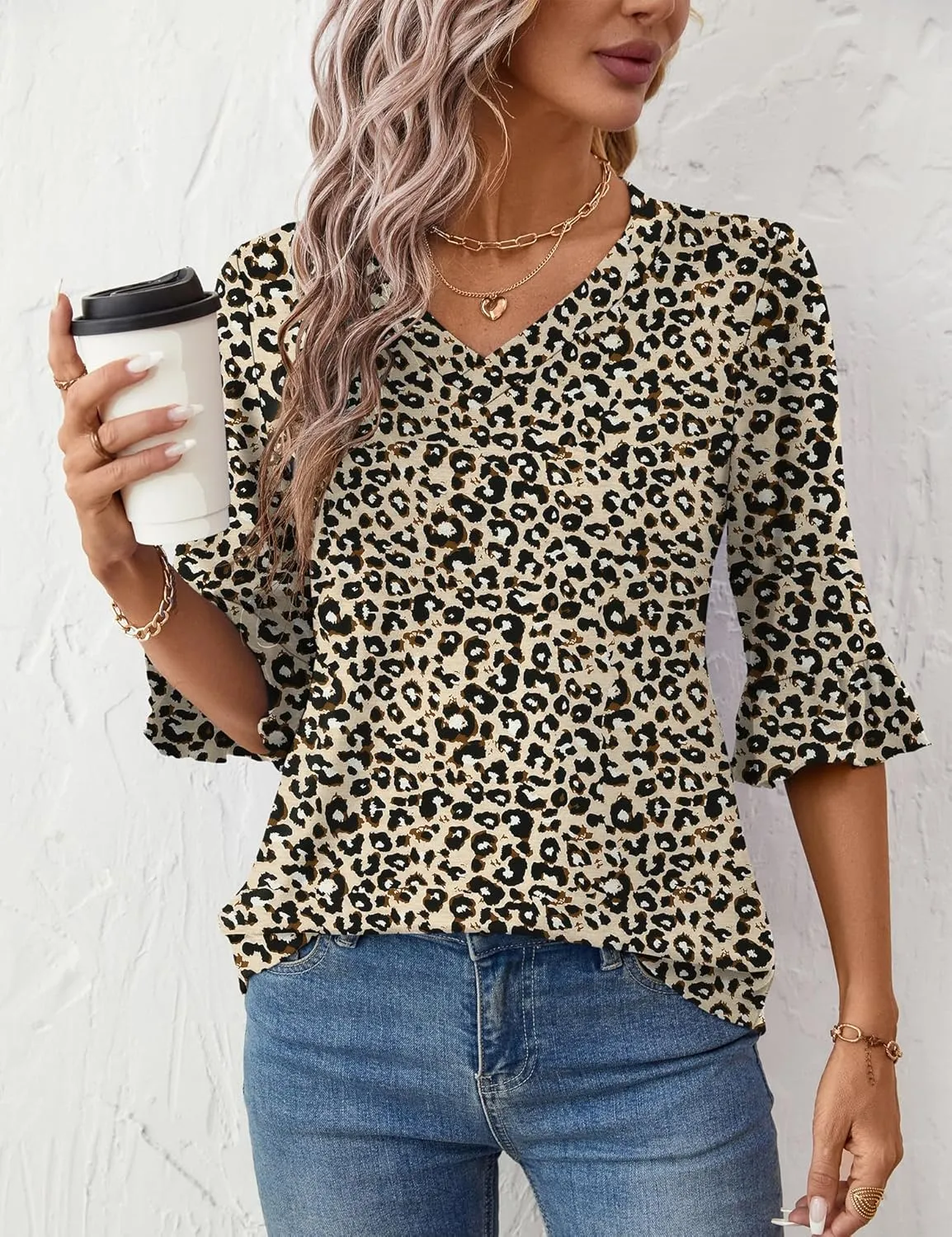 LOMON 3/4 Length Sleeve Womens Tops Summer Loose V-Neck Eyelet T-Shirts Dressy Casual Ruffle Sleeve Tunic Blouses