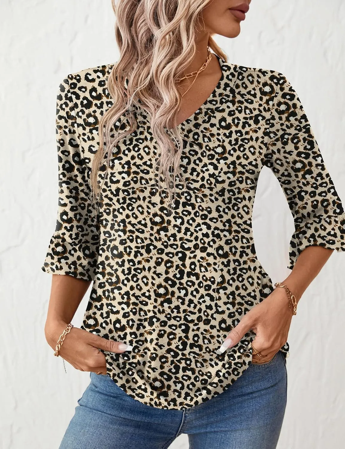 LOMON 3/4 Length Sleeve Womens Tops Summer Loose V-Neck Eyelet T-Shirts Dressy Casual Ruffle Sleeve Tunic Blouses