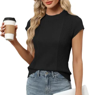 LOMON Women's Summer Cap Sleeve Knit Tops Mock Neck Business Casual Sweaters Lightweight Pullover Blouses