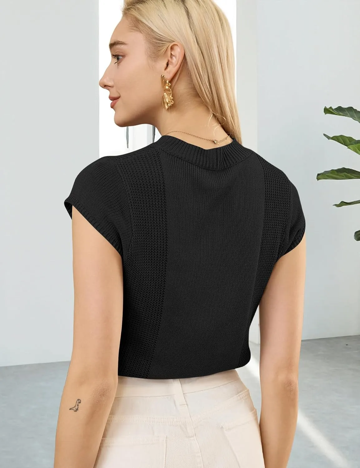 LOMON Women's Summer Cap Sleeve Knit Tops Mock Neck Business Casual Sweaters Lightweight Pullover Blouses