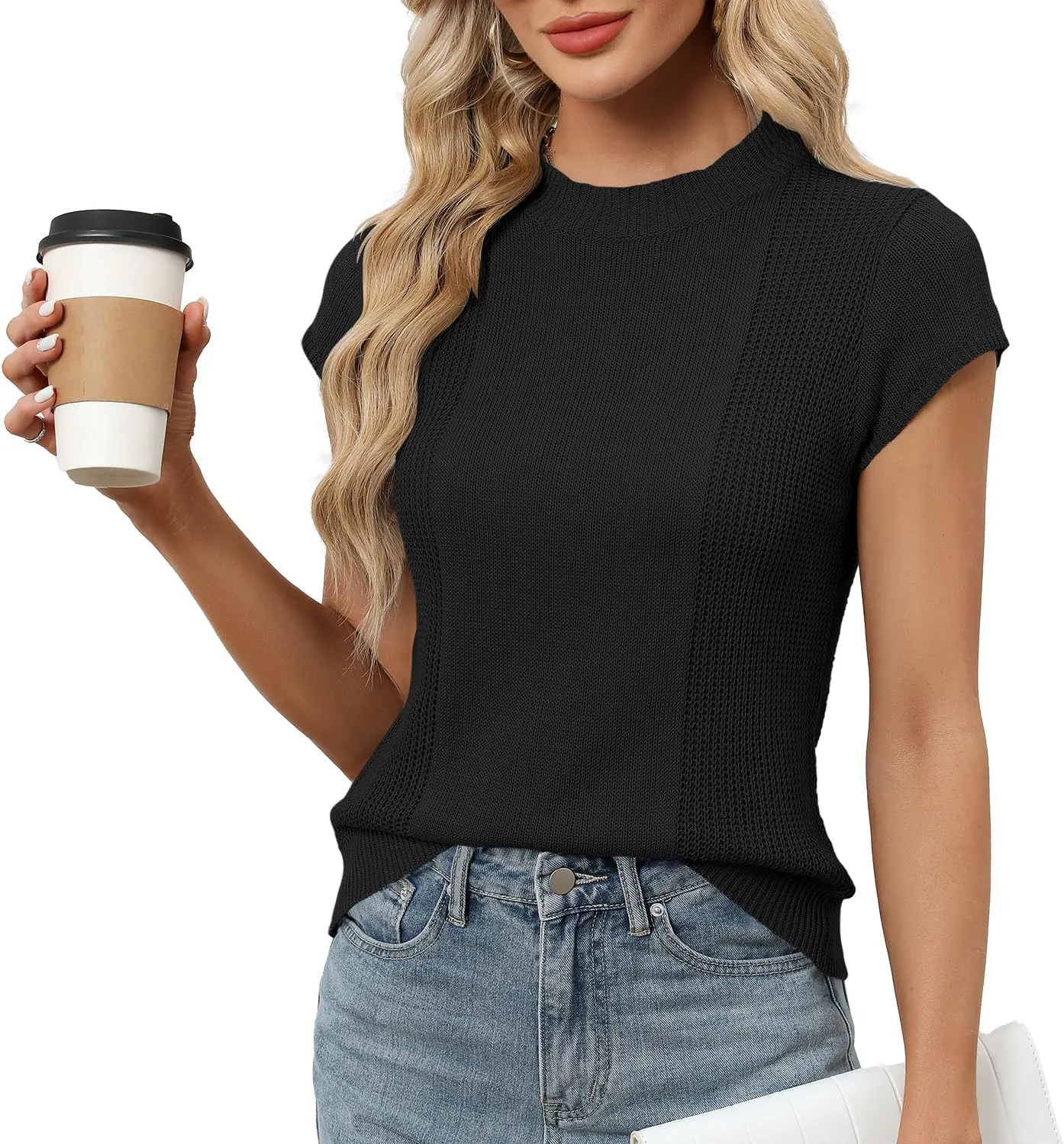 LOMON Women's Summer Cap Sleeve Knit Tops Mock Neck Business Casual Sweaters Lightweight Pullover Blouses
