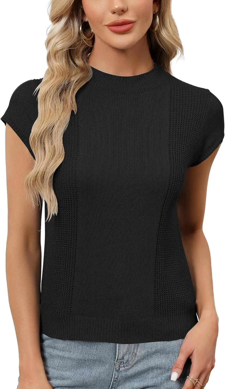 LOMON Women's Summer Cap Sleeve Knit Tops Mock Neck Business Casual Sweaters Lightweight Pullover Blouses
