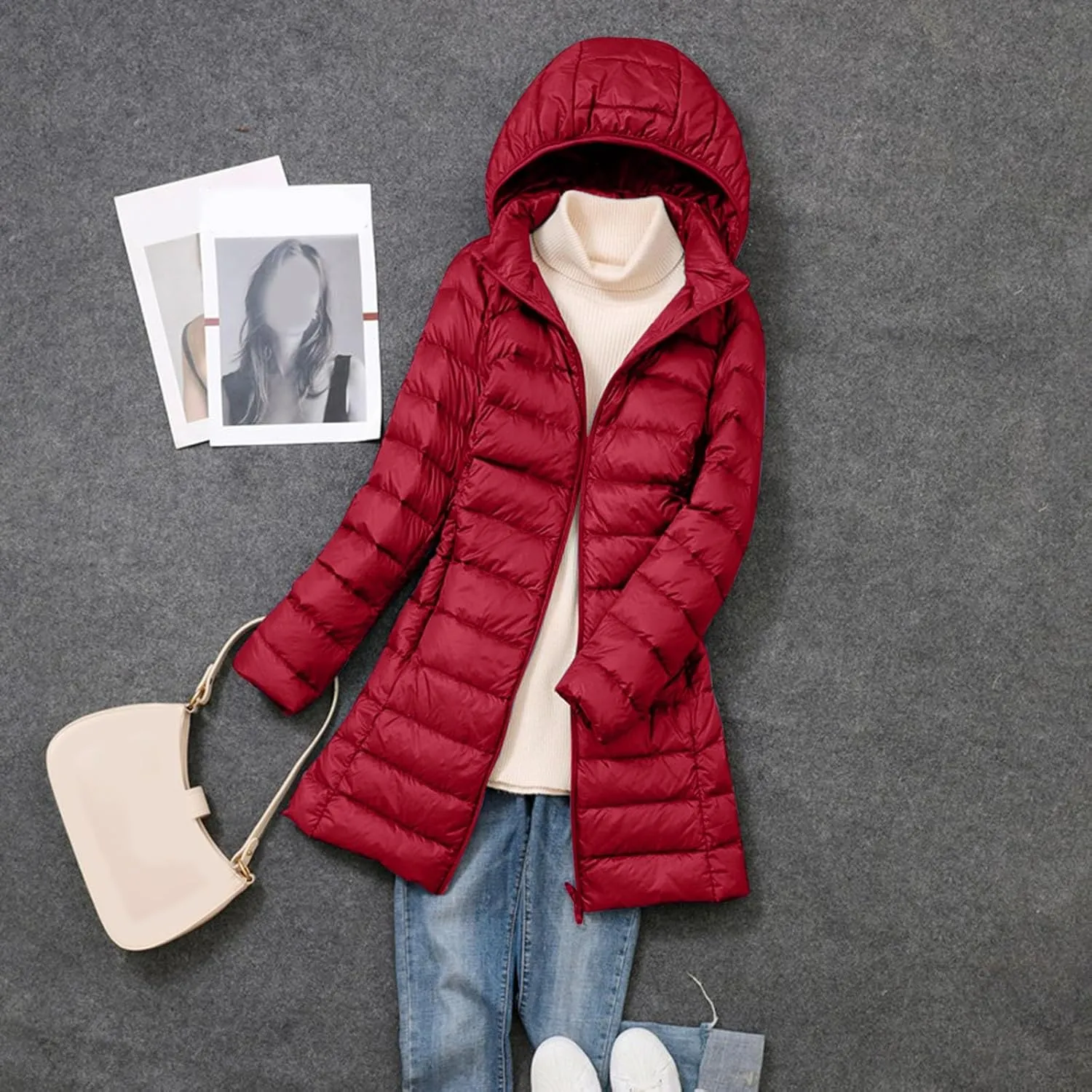 Long Down Jacket for Women Lightweight Packable Travel Puffer Hood Jackets 2023 Fall Warm Slim Fit Casual Duck Down Coat