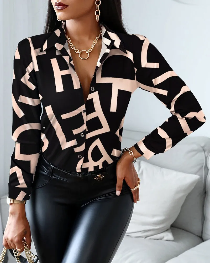 Long Sleeve Turn-down Collar Button Designer Blouse