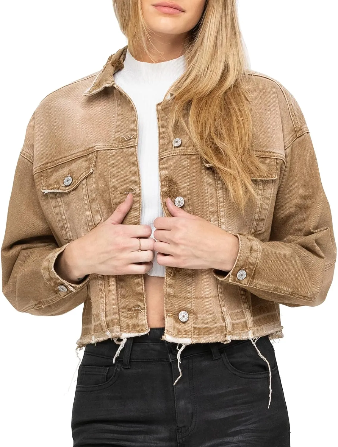 LONGYIDA Women's Jean Jacket Cropped Distressed Denim Jacket Long Sleeve Button Down Jean Jacket For Women