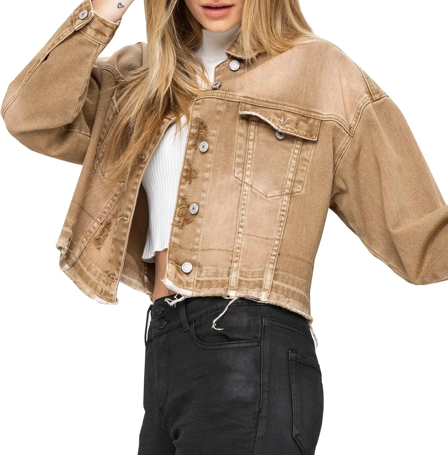 LONGYIDA Women's Jean Jacket Cropped Distressed Denim Jacket Long Sleeve Button Down Jean Jacket For Women