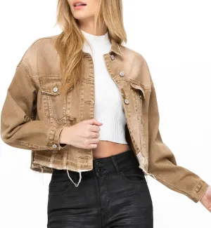 LONGYIDA Women's Jean Jacket Cropped Distressed Denim Jacket Long Sleeve Button Down Jean Jacket For Women