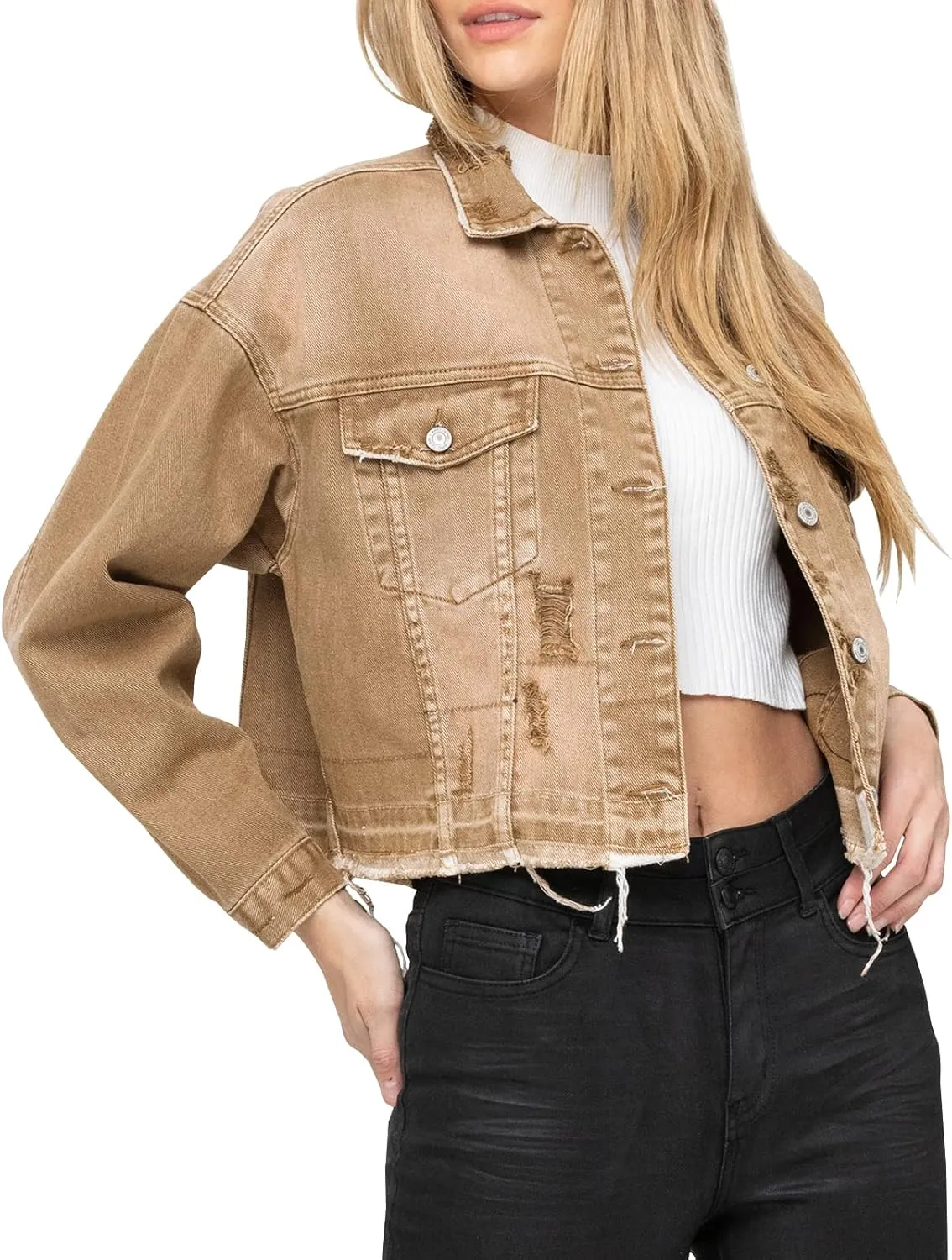 LONGYIDA Women's Jean Jacket Cropped Distressed Denim Jacket Long Sleeve Button Down Jean Jacket For Women