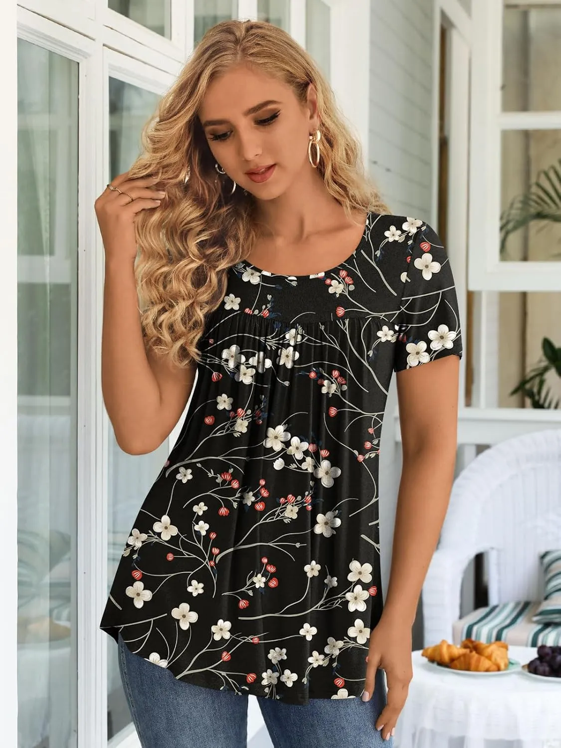 LONGYUAN Womens Tunic Tops 2025 Short Sleeve Shirts Summer Casual Tee Comfy Blouses S-4XL
