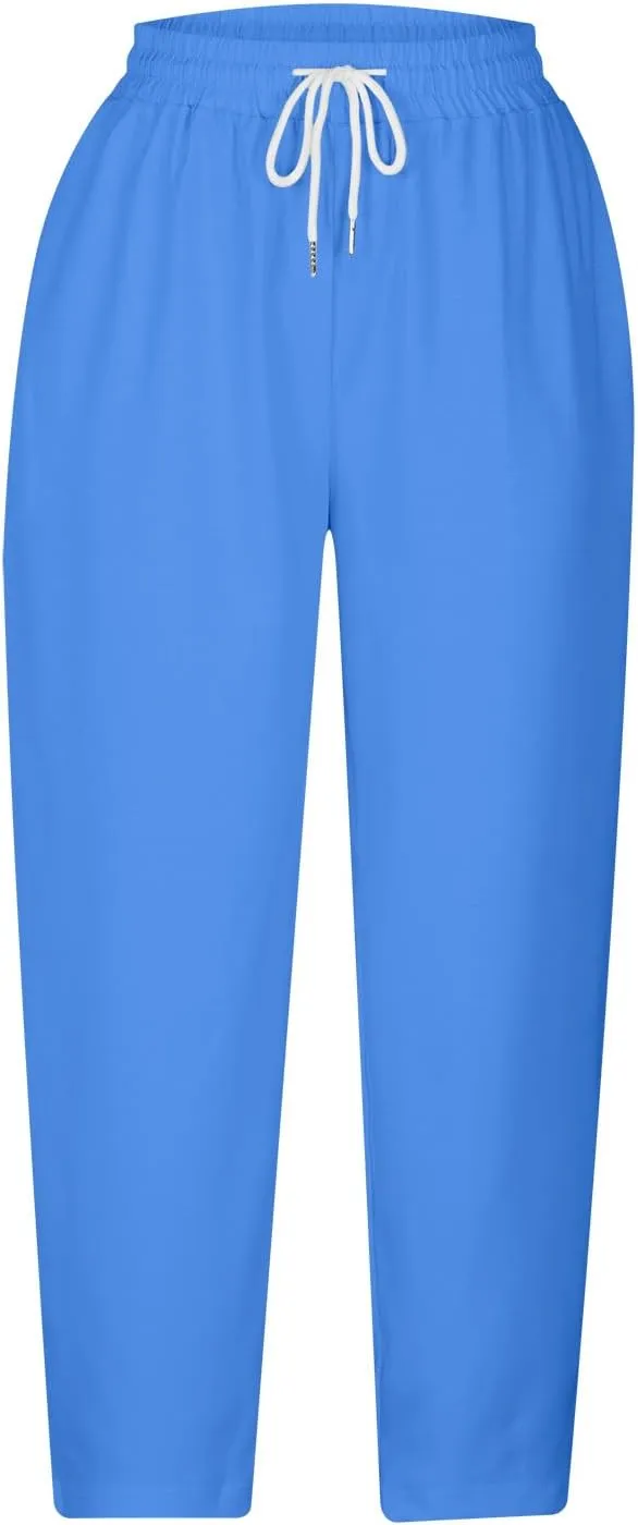 Loose Casual Harlan Pants for Women Drawstring Waist Wide Leg Lounge Pant Summer Casual Cropped Trousers with Pockets