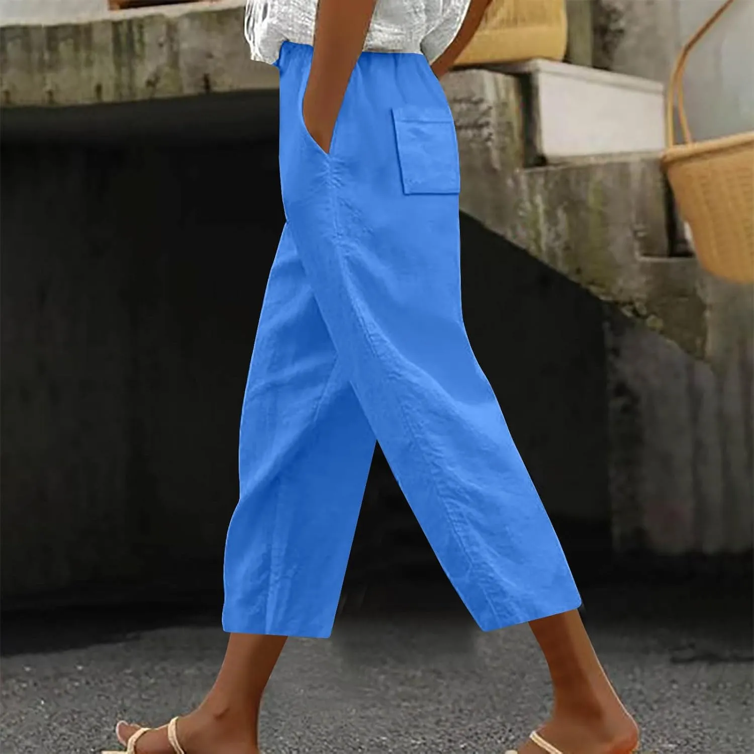 Loose Casual Harlan Pants for Women Drawstring Waist Wide Leg Lounge Pant Summer Casual Cropped Trousers with Pockets