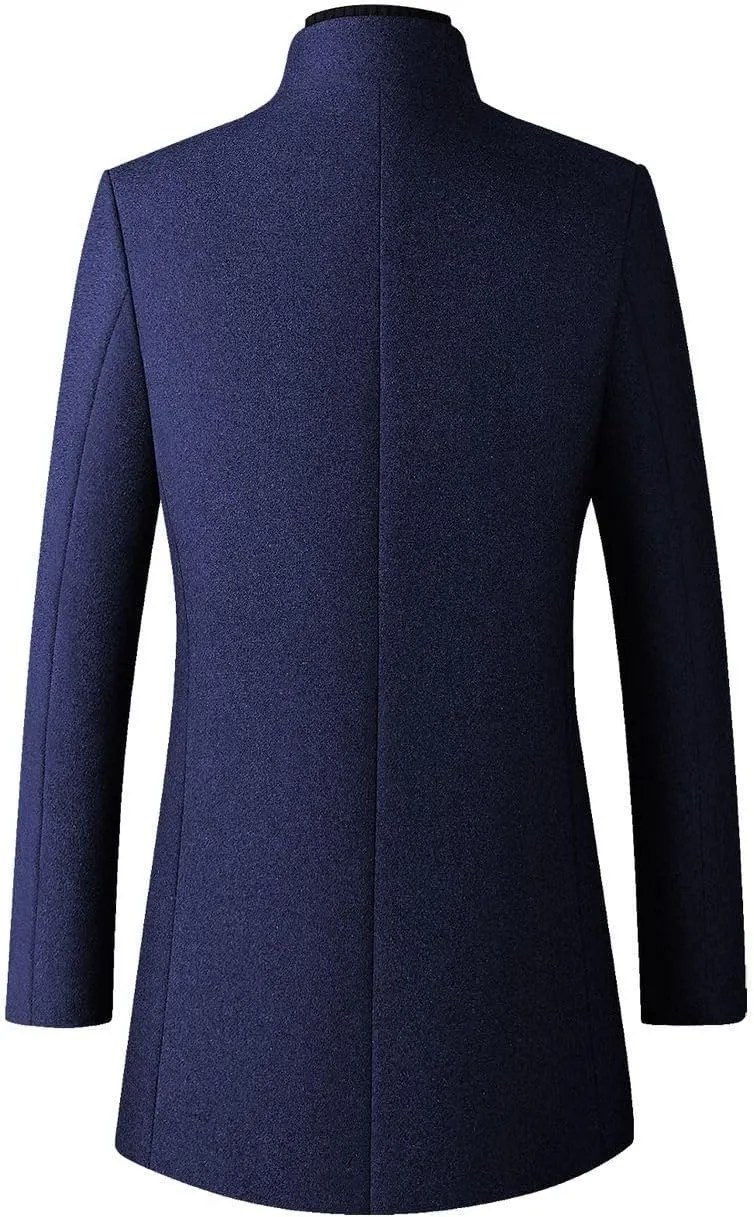 Lu's Chic Men's Slim Fit Wool Jackets & Coats Quilted Single Breasted Top Coat Business Casual Band Collar Trench Coats