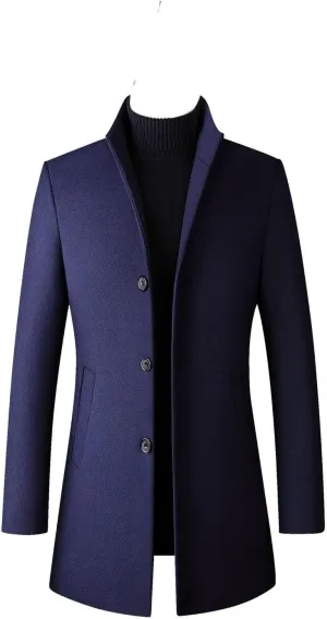 Lu's Chic Men's Slim Fit Wool Jackets & Coats Quilted Single Breasted Top Coat Business Casual Band Collar Trench Coats
