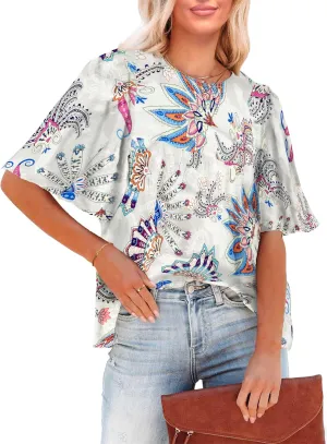 luvamia 2025 Blouses for Women Dressy Casual Floral Boho Babydoll Flowy Tops Summer Short Bell Sleeves Shirts