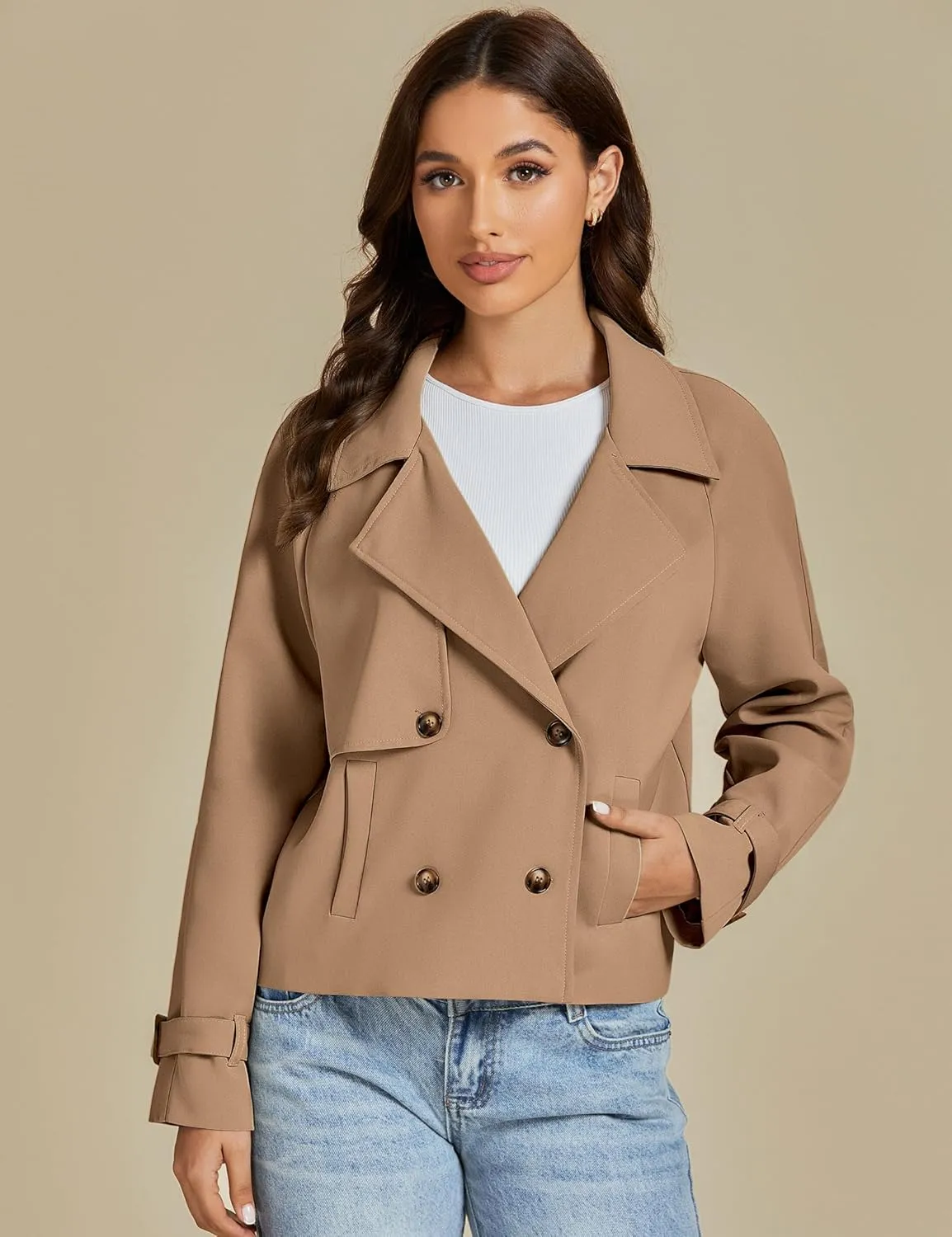 luvamia Cropped Trench Coat for Women Long Sleeve Double Breasted Notched Lapel Casual Loose Fit Jackets with Pockets