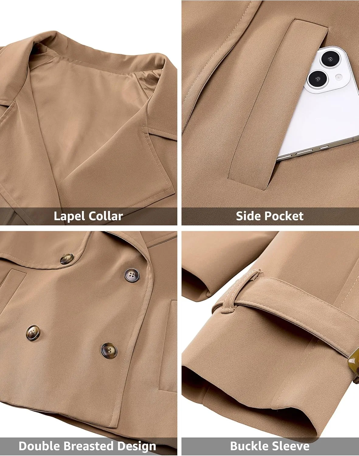 luvamia Cropped Trench Coat for Women Long Sleeve Double Breasted Notched Lapel Casual Loose Fit Jackets with Pockets