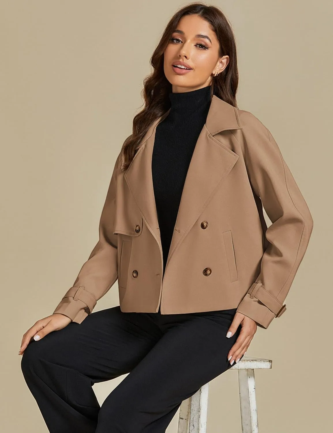 luvamia Cropped Trench Coat for Women Long Sleeve Double Breasted Notched Lapel Casual Loose Fit Jackets with Pockets