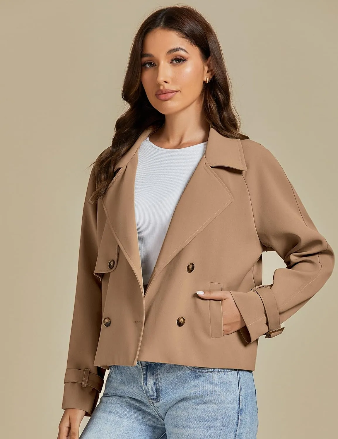 luvamia Cropped Trench Coat for Women Long Sleeve Double Breasted Notched Lapel Casual Loose Fit Jackets with Pockets