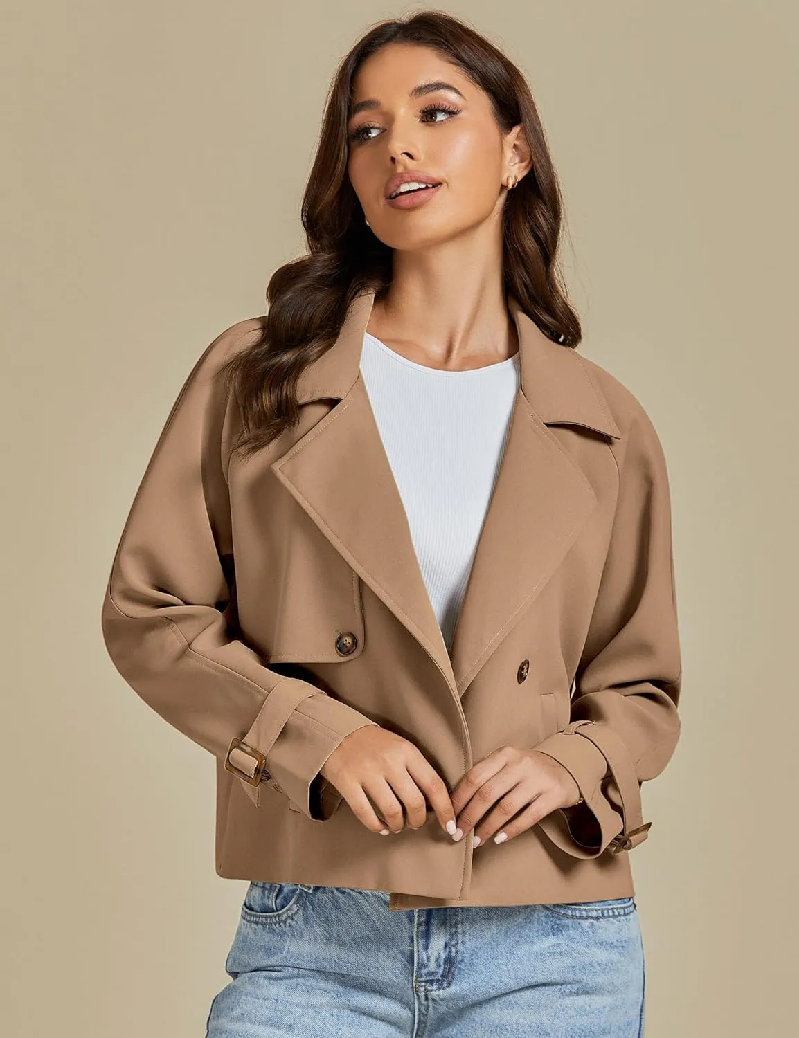luvamia Cropped Trench Coat for Women Long Sleeve Double Breasted Notched Lapel Casual Loose Fit Jackets with Pockets