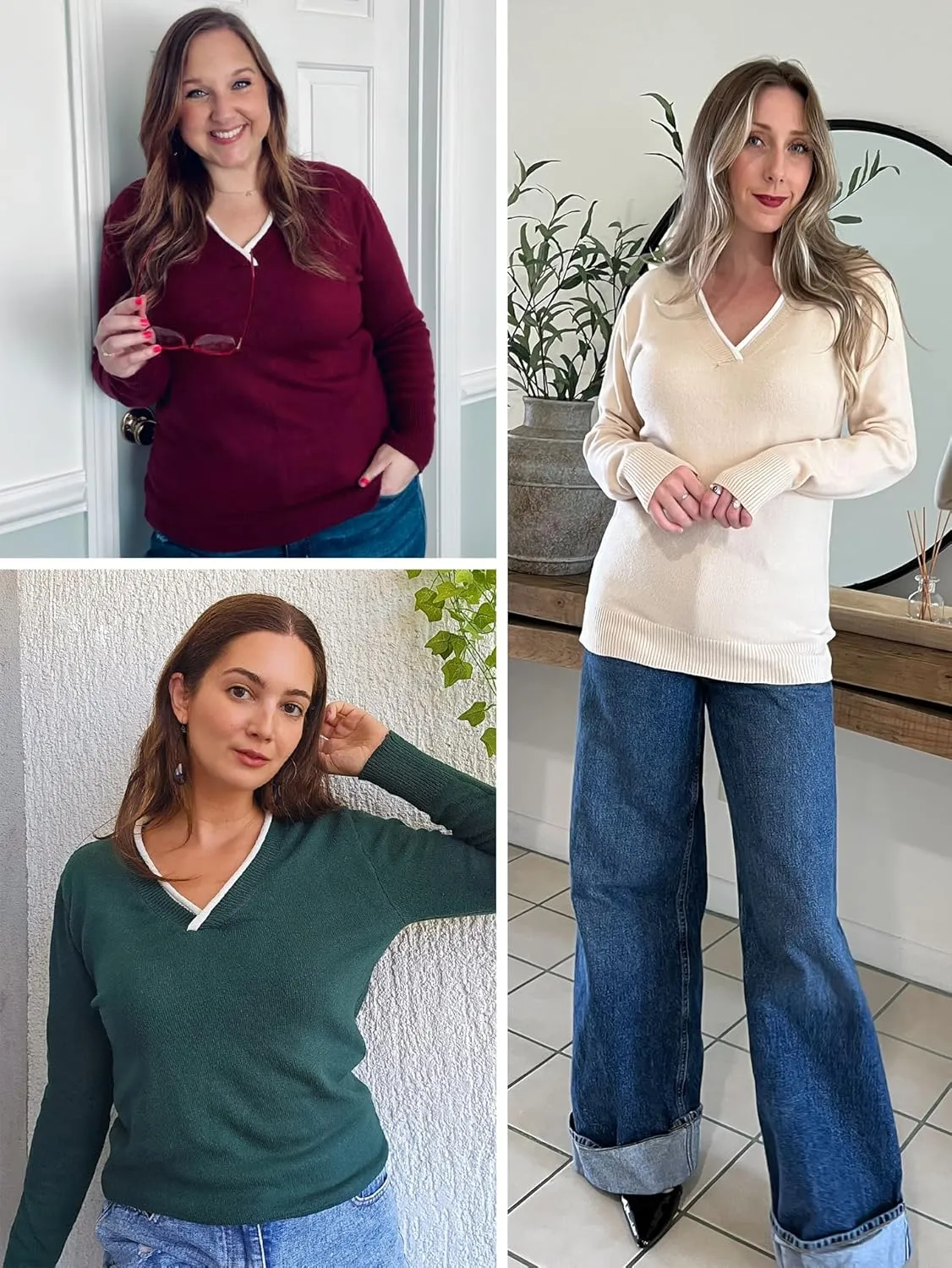 LUYAA Women's Casual Long Sleeve Sweaters V-Neck Patchwork Knit Tops Fashion Outfits Trendy