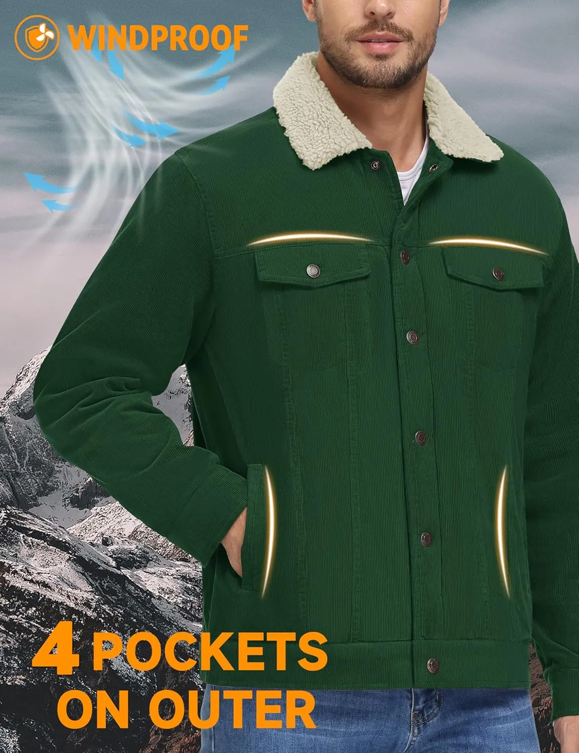 MAGNIVIT Men's Corduroy Fleece Cargo Jacket Winter Snap Button Lapel Sherpa Lined Trucker Cowboy Coat with 5 Pockets
