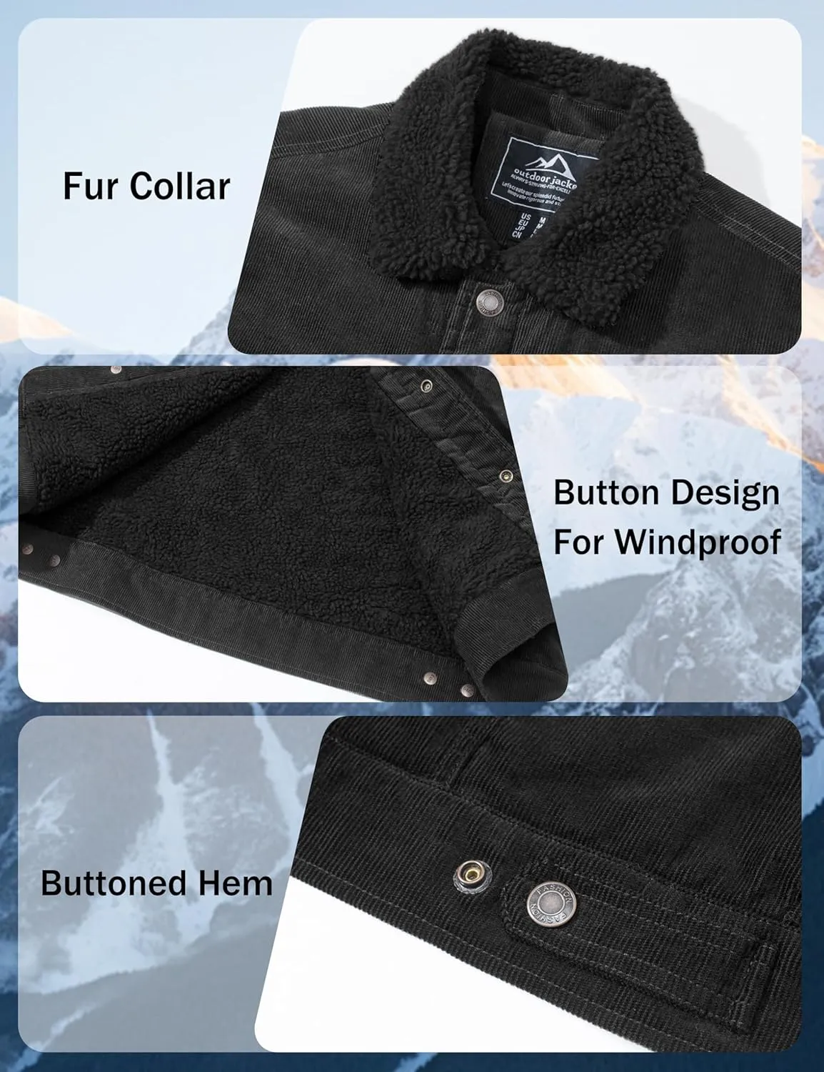 MAGNIVIT Men's Corduroy Fleece Cargo Jacket Winter Snap Button Lapel Sherpa Lined Trucker Cowboy Coat with 5 Pockets