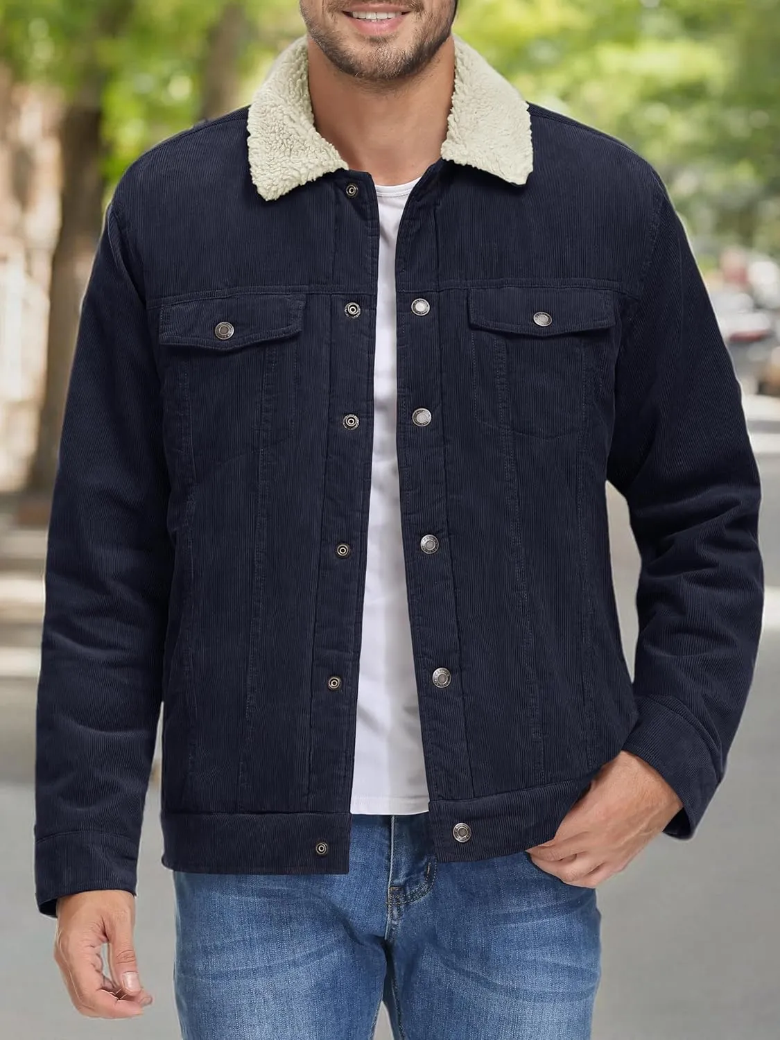 MAGNIVIT Men's Corduroy Fleece Cargo Jacket Winter Snap Button Lapel Sherpa Lined Trucker Cowboy Coat with 5 Pockets