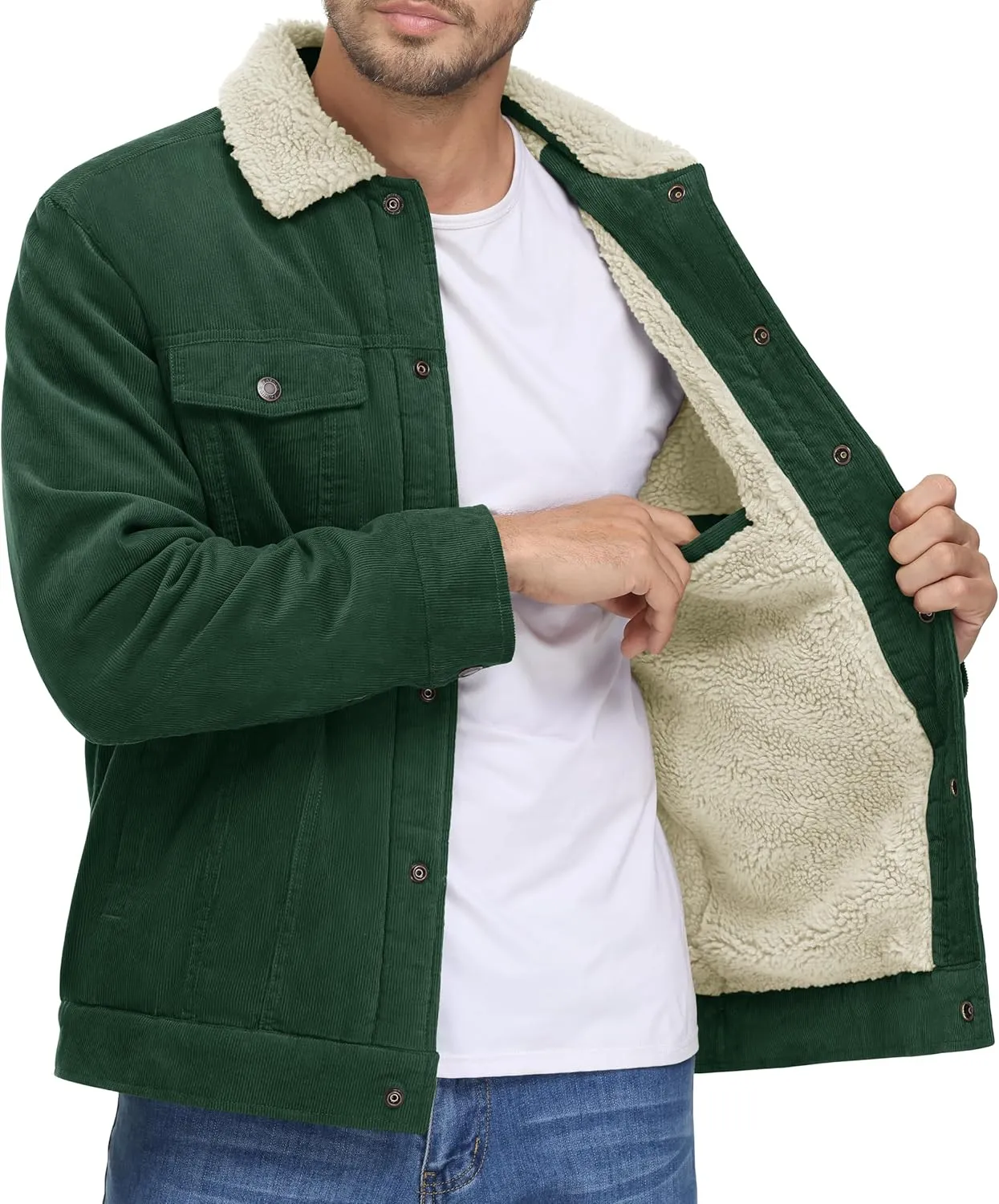 MAGNIVIT Men's Corduroy Fleece Cargo Jacket Winter Snap Button Lapel Sherpa Lined Trucker Cowboy Coat with 5 Pockets