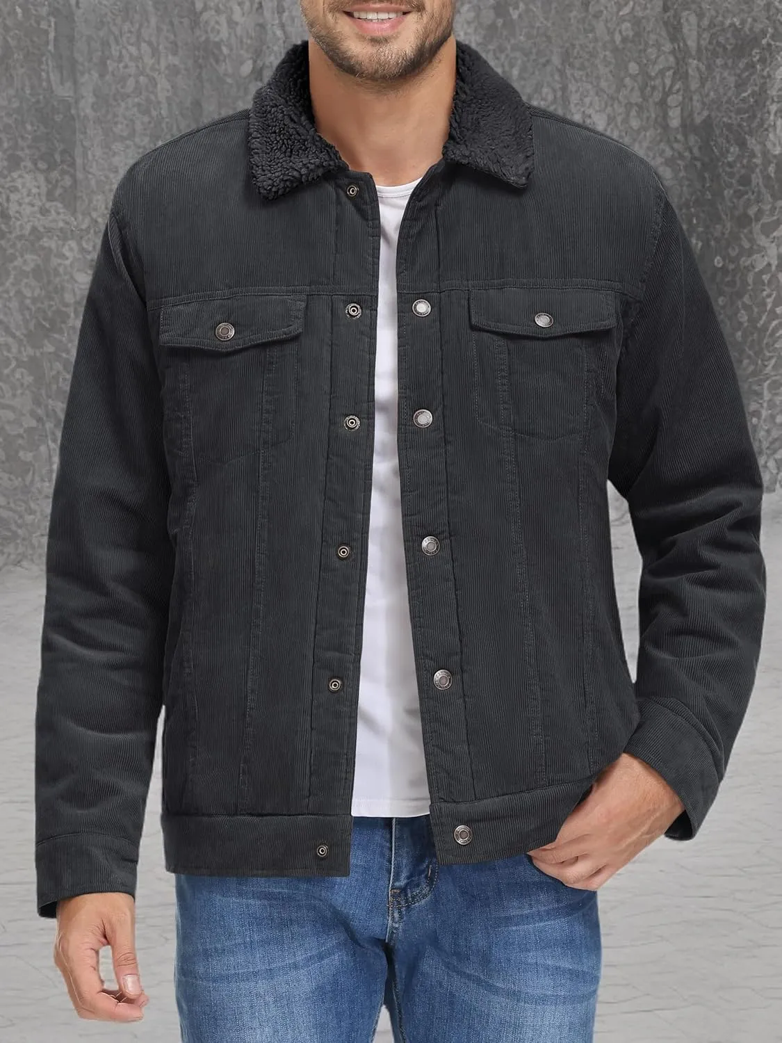 MAGNIVIT Men's Corduroy Fleece Cargo Jacket Winter Snap Button Lapel Sherpa Lined Trucker Cowboy Coat with 5 Pockets