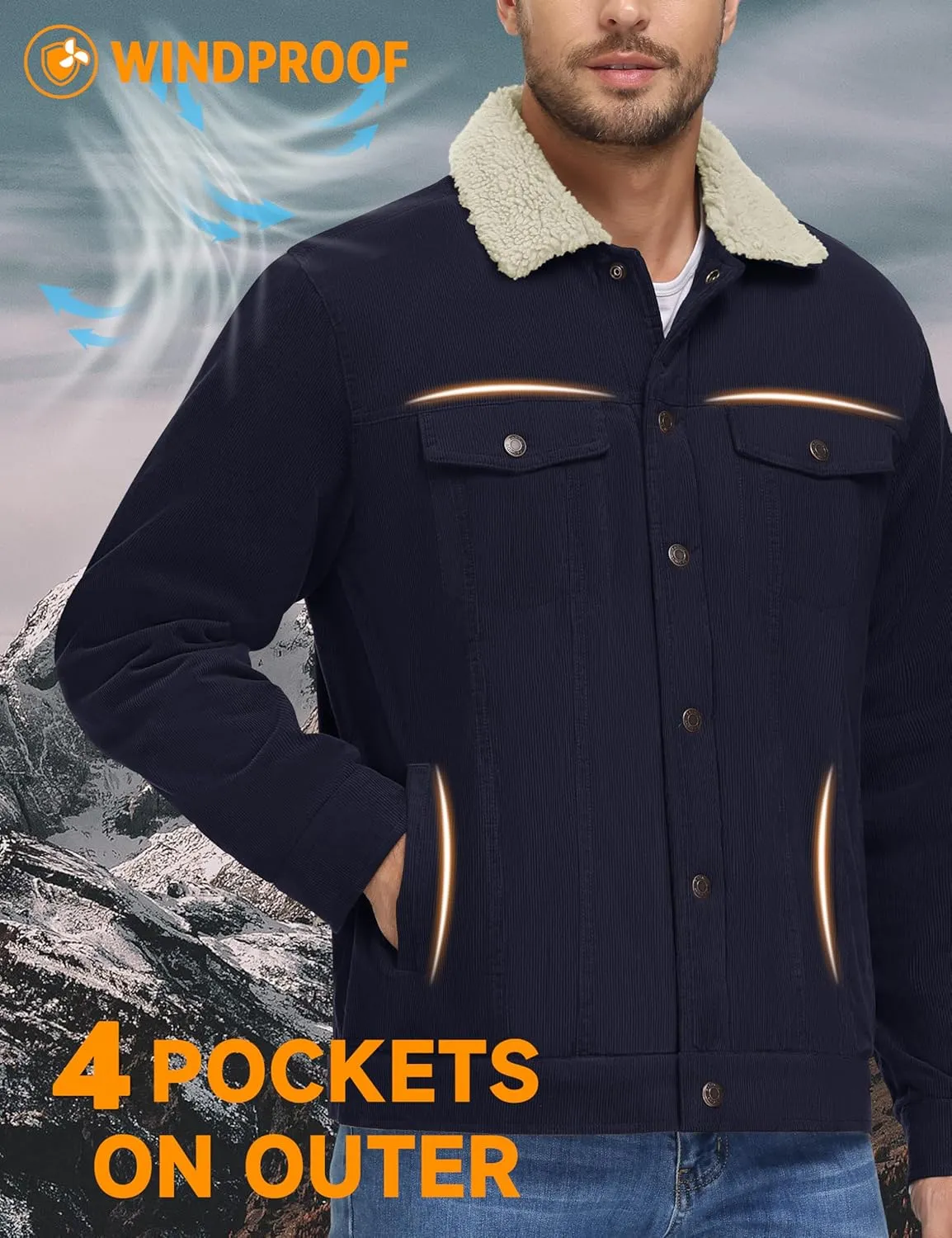 MAGNIVIT Men's Corduroy Fleece Cargo Jacket Winter Snap Button Lapel Sherpa Lined Trucker Cowboy Coat with 5 Pockets