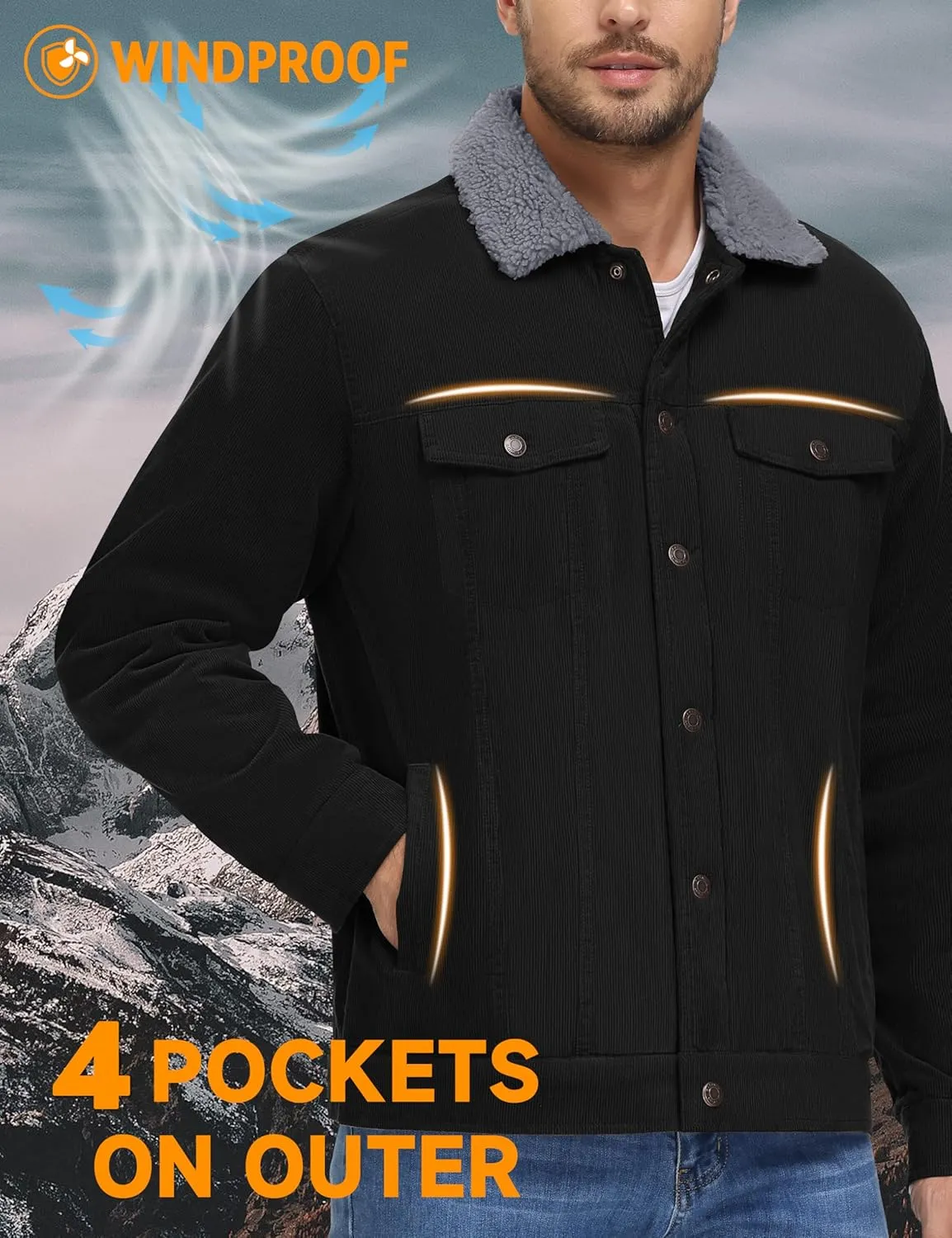MAGNIVIT Men's Corduroy Fleece Cargo Jacket Winter Snap Button Lapel Sherpa Lined Trucker Cowboy Coat with 5 Pockets