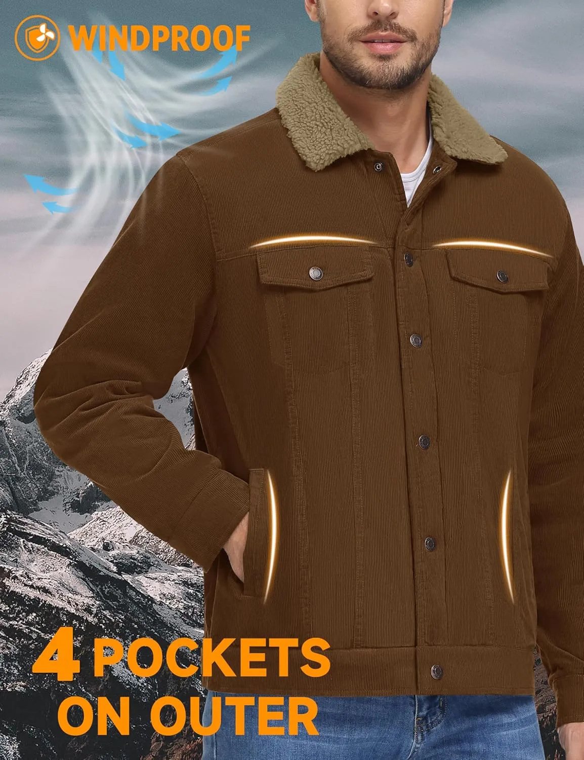 MAGNIVIT Men's Corduroy Fleece Cargo Jacket Winter Snap Button Lapel Sherpa Lined Trucker Cowboy Coat with 5 Pockets