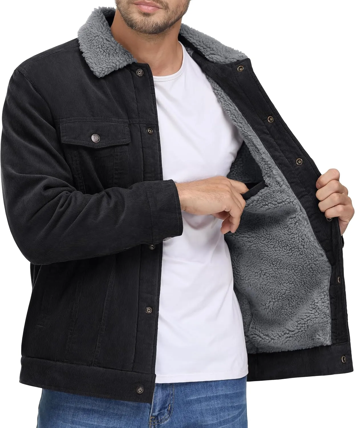 MAGNIVIT Men's Corduroy Fleece Cargo Jacket Winter Snap Button Lapel Sherpa Lined Trucker Cowboy Coat with 5 Pockets